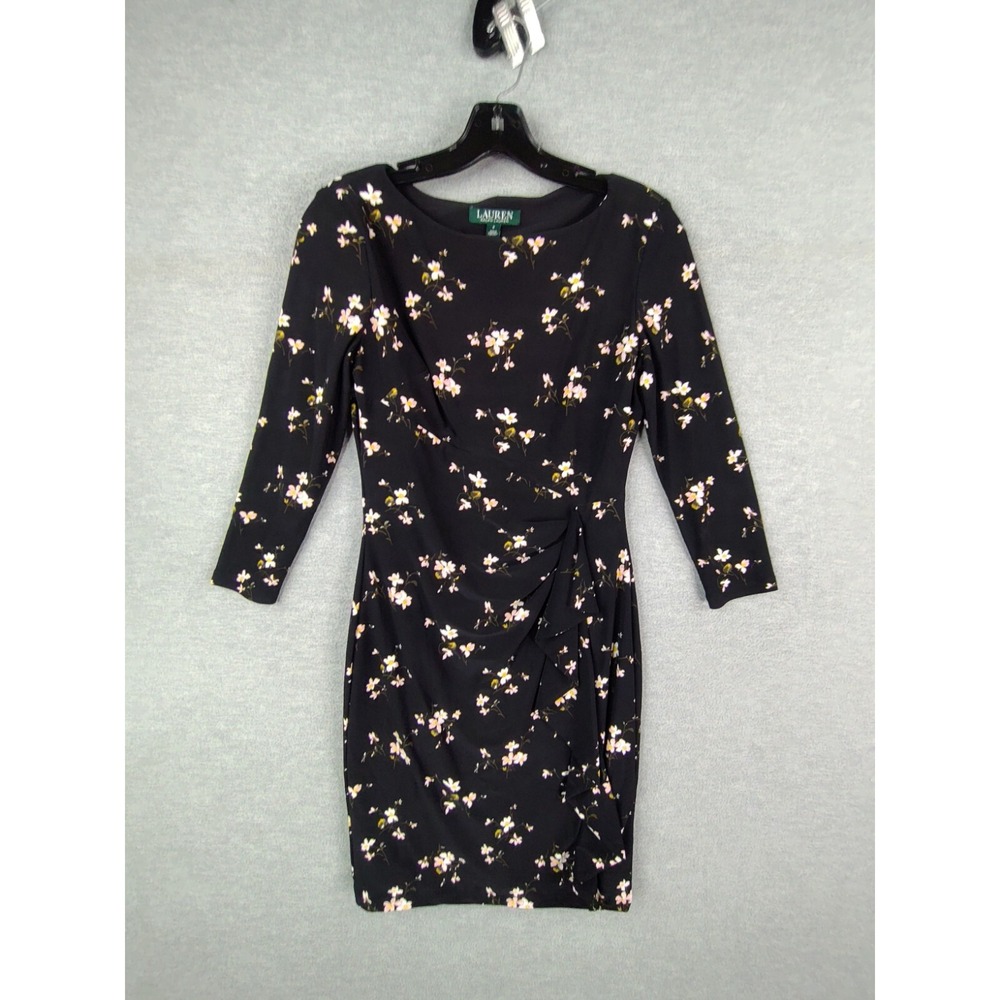 LRL‎ Womens Dress 2 Black Floral Faux Wrap Stretch Preppy Career Office Ruffle